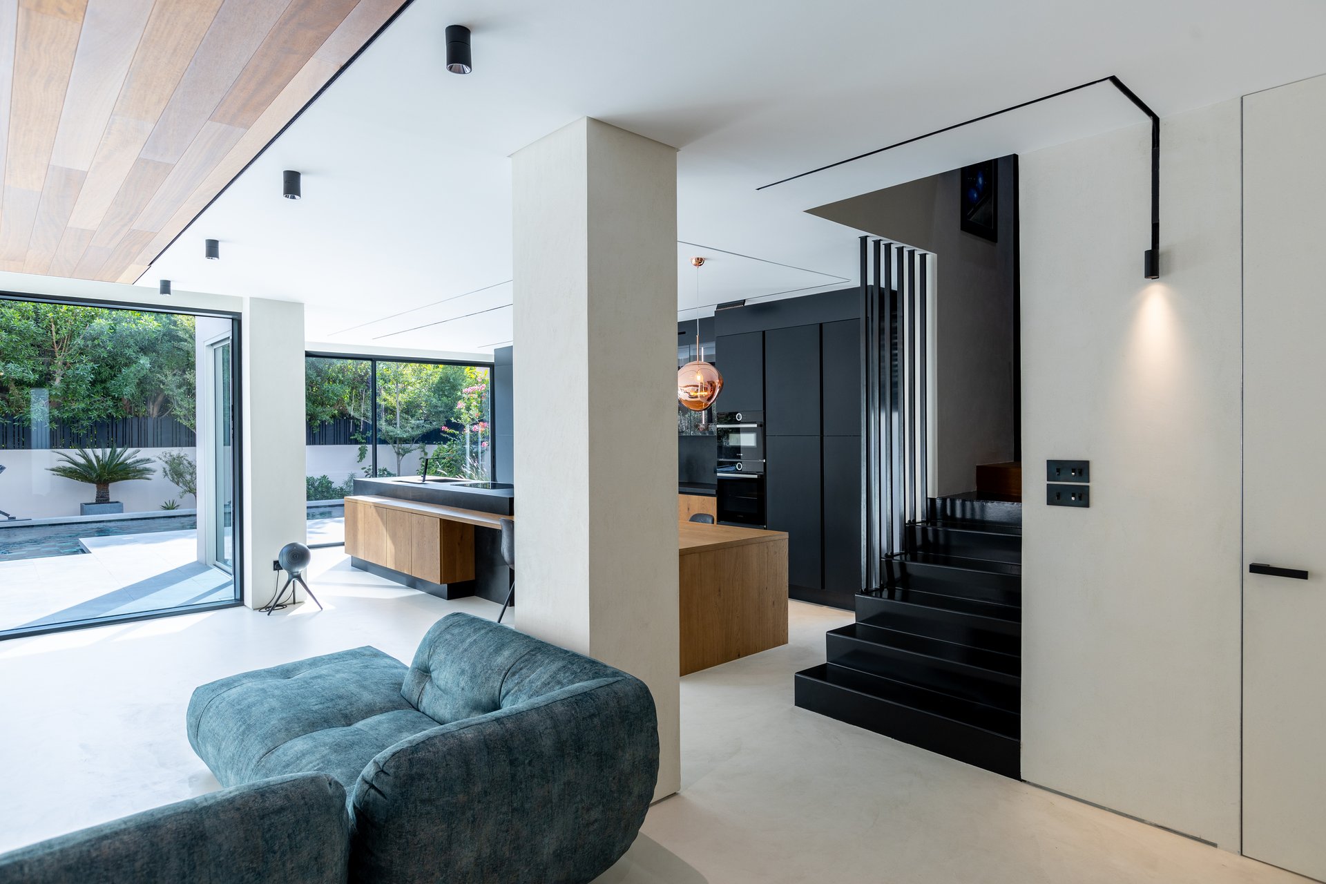 Living space with discreet lighting and integrated controls